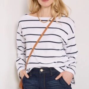 Faherty Sport Jersey Tee in White and Navy Blue Stripe Boatneck Sleeves Size XXL